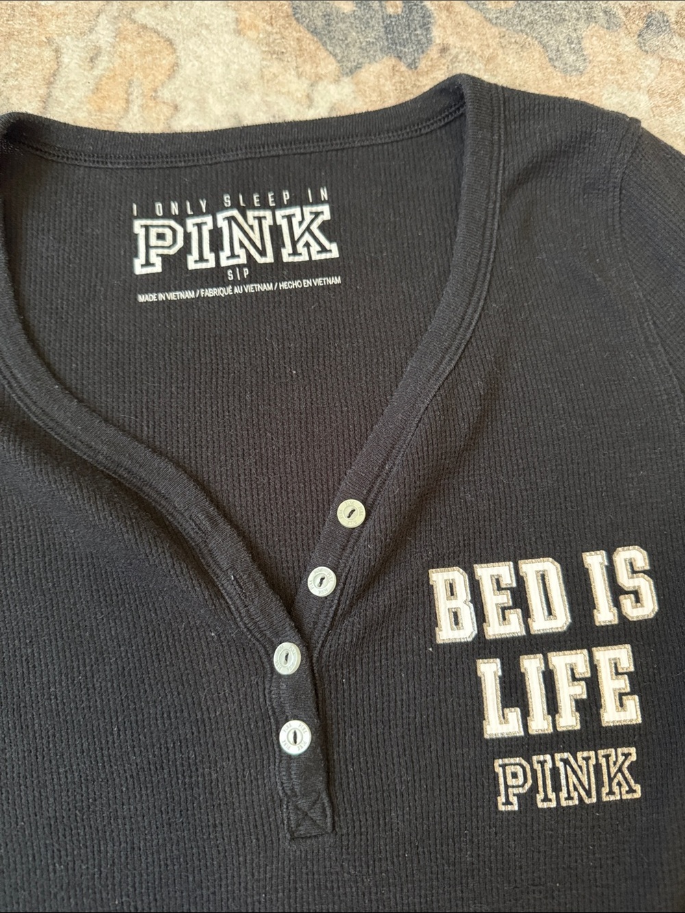 PINK Victoria's Secret Black 'Bed Is Life' Long Sleeve Sleep Shirt - Picture 3 of 4